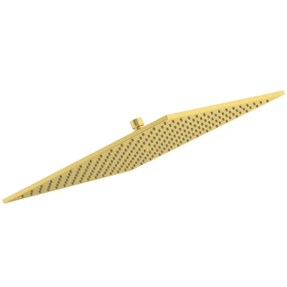 Eckige, flache Regenbrause in Goldoptik mit einer perforierten Oberfläche von Ideal Standard, die an einer zentralen Halterung montiert ist.